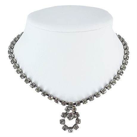 Vintage Silver Tone Prong Set Clear Rhinestone Drop Necklace