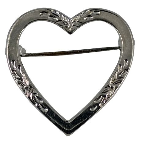 MCM Peruvian Sterling Silver Heart Pin/Brooch with Floral Engraving
