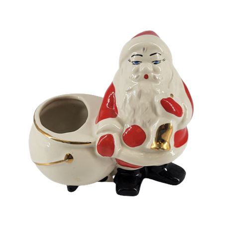 Vintage Ceramic Santa Claus Planter Gold Bell & Trim