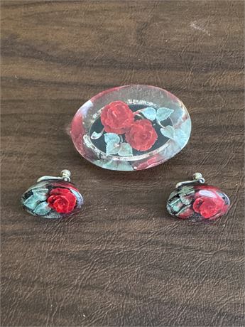Lucite Brooch & Screwback Earrings