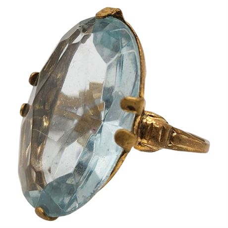 Vintage Gold Tone Large Faux Aquamarine Ring, Sz 6