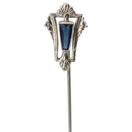 Vintage Art Deco 10K White Gold Keystone Faux Sapphire Stick Pin