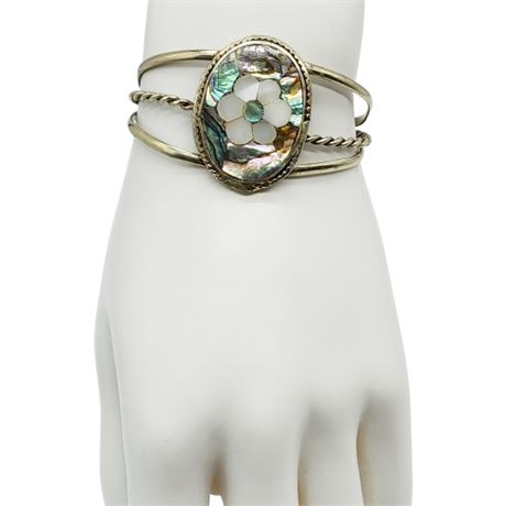 Vintage Alpaca Silver Abalone/Mother of Pearl Flower Inlay Cuff Bracelet