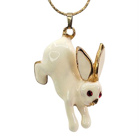 Vintage Phister White Enamel Bunny Rabbit Pendant Necklace