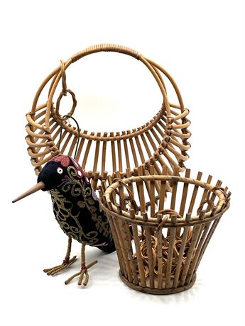 2 Rattan Hanging Baskets & Bird