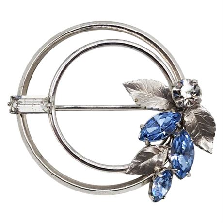 Vintage KREMENTZ Silver Tone Rhinestone Flower Circle Brooch