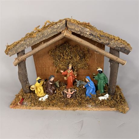 Wood Manger and Nativity Scene