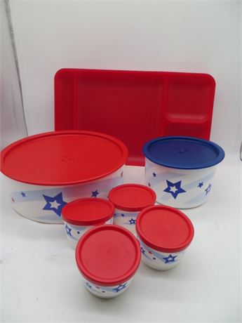 NEW VINTAGE TUPPERWARE SUMMER CELEBRATION 4 TRAYS, LARGE SNACK CONTAINER,