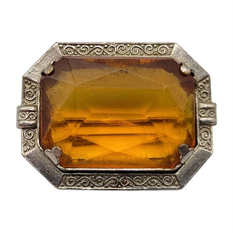 Vintage Large Emerald Cut Amber Glass Brooch
