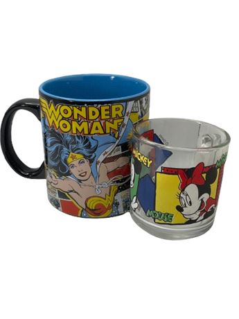 Collectible Disney, Mickey Mouse, and wonder, woman mugs lot