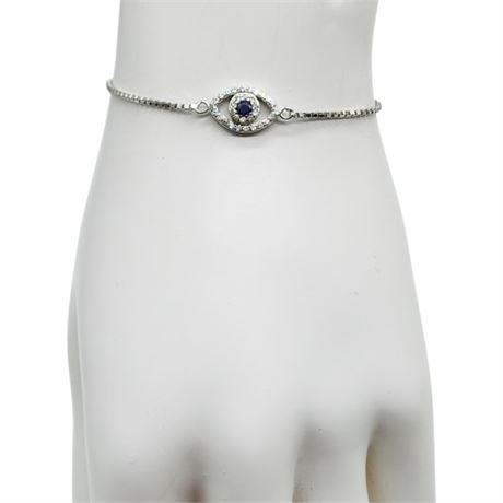 Signed JACMEL Sterling Silver Sapphire & CZ Evil Eye Bracelet