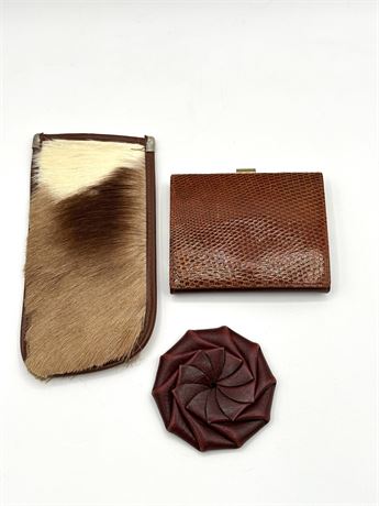 Vintage Brown Wallet, Cow Hide Glasses Case, Leather Change Purse