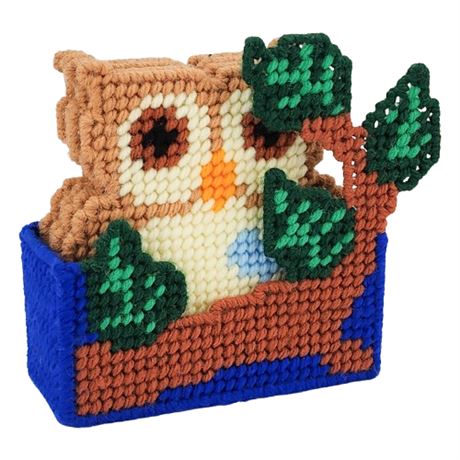 Vintage Handmade Needlepoint Owl Coasters and Caddy