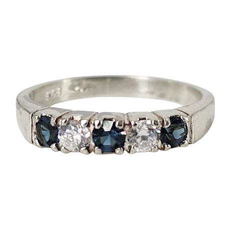 Vintage Silver Plated Blue & Clear Crystal Ring, Sz 7
