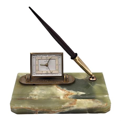 Vintage Rensie Green Onyx Desk Alarm Clock w/ 14K Gold Nib Sheaffer Fountain Pen
