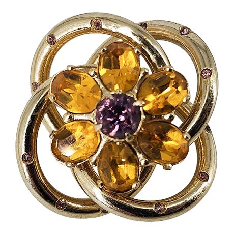Vintage Dimensional Rhinestone Flower Knot Brooch