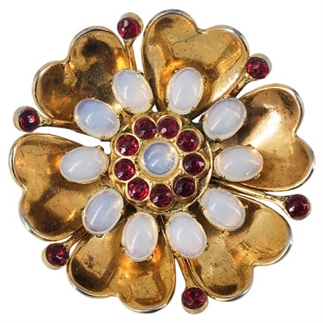 Vintage Rhinestone & Opalescent Cabochon Flower Brooch/Pendant