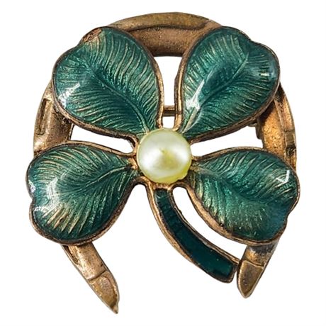Vintage Lucky 4-Leaf Clover & Horseshoe Brooch