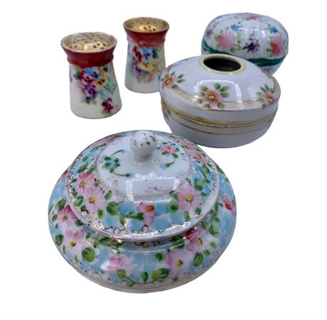 5 pc Antique to Vintage Porcelain Dresser Vanity Bowls, Hair Receiver, Stick Pin