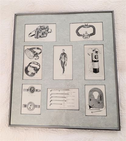 Vintage Framed Matted Diving Gear Black and White Pictures