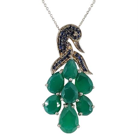 Signed Sterling Silver Lab Created Emerald Bird Pendant Necklace