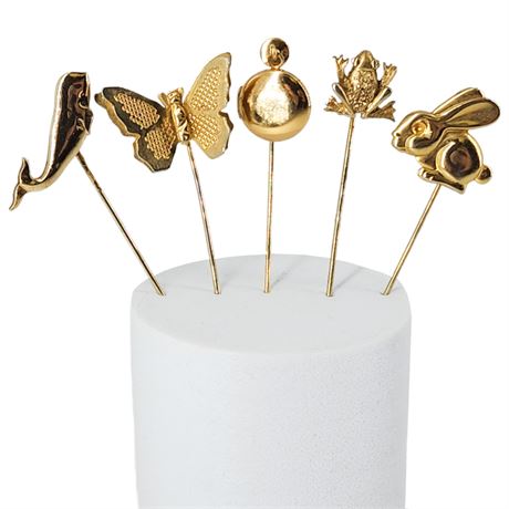 5 Vintage Gold Tone Stick Pins, Incl. Whale, Locket, Bunny, & More