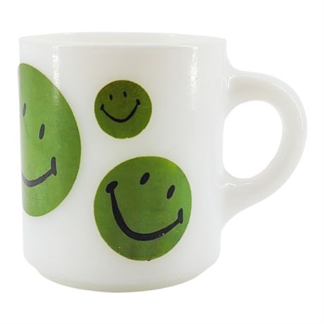 Vintage Milk Glass Green Smiley Faces Coffee Mug