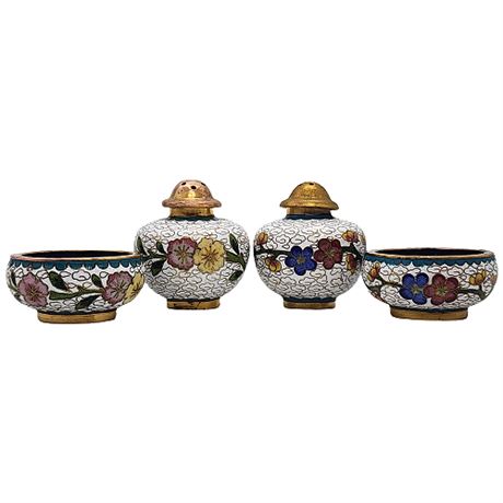 Antique Chinese Cloisonne Floral Salt Cellar and Pepper Shaker Sets