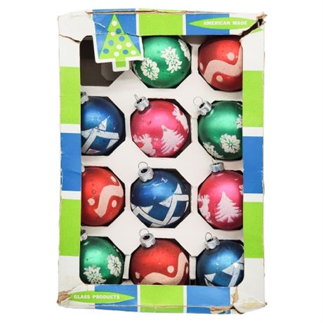 Vintage Coby Glass Mica Glitter Stencil Christmas Bulb Ornaments in Original Box