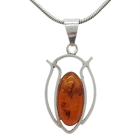 Sterling Silver Baltic Amber Pendant Necklace