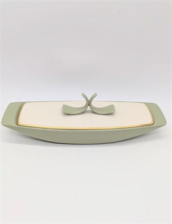 Vtg MCM Modern Lenox Green and Cream Covered Dish w/Handle