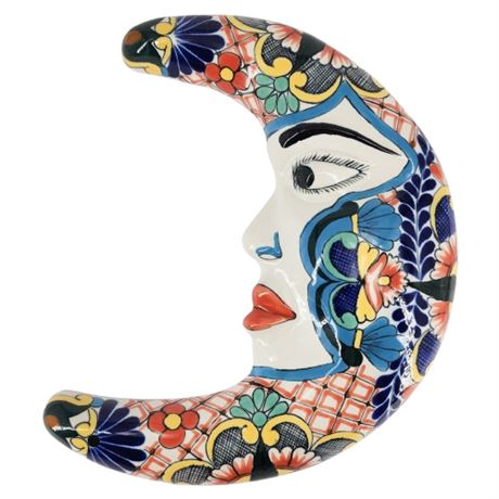 Signed ERANDI Mexican Talavera Pottery Colorful Terra Cotta Moon Wall Hanging