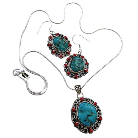 Sleeping Beauty Turquoise & Coral 925 Sterling Necklace & Earring Set