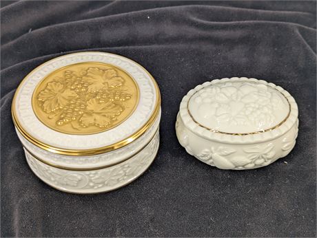 Lot 2 Lenox Trinket Boxes - round w/gold grapes/leaves footed