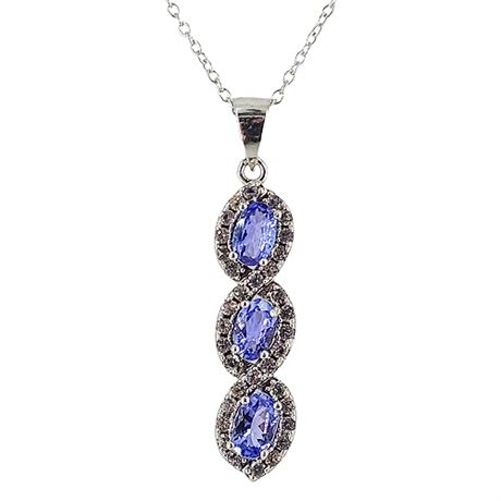 Signed Sterling Silver, Iolite & CZ Pendant Necklace