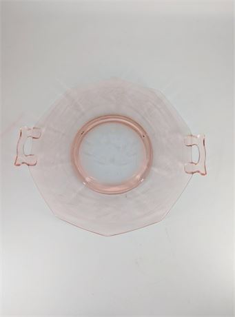 Etched Flower Pink Glass Handled Tray