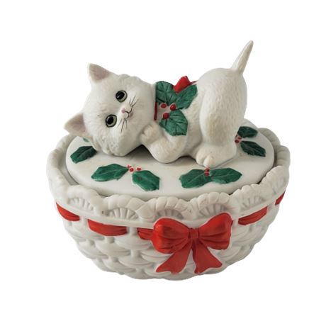 1987 Lefton Porcelain Christmas Cat Trinket Dish Bowl