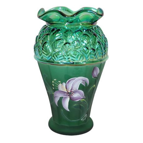 Fenton Hand-Painted Signed Emerald Green Lily Iridescent Vase