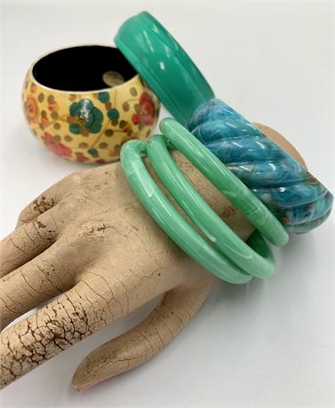 6 Vintage Marbled Blue & Green Hard Plastic & Wood Bangle Bracelets