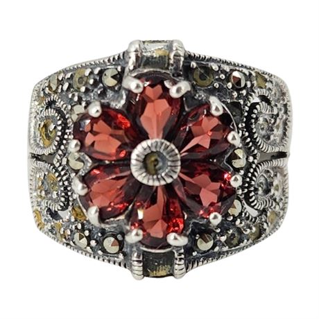 Signed Sterling Silver Marcasite & Garnet Flower Ring, Sz 10, Flawed