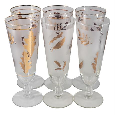 MCM Libbey Frosted Glass Golden Foliage Pilsner Glasses - Set of 6