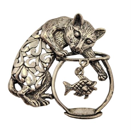 Vintage Jezlaine Sterling Silver Cat and Fish Dangle Brooch