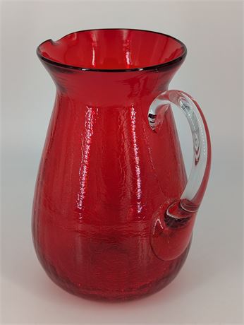 Italian Handblown Glass Red Crinkle Glass Pitcher w/Clear Handle