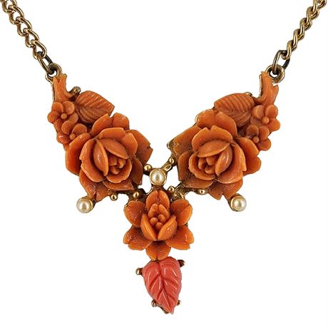 Faux Coral Carved Celluloid Flowers Necklace