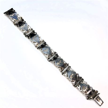 Vintage Siam Niello Enamel Thai Goddess Sterling Silver Panel Bracelet
