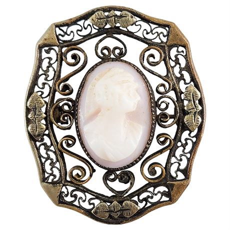 Vintage Carved Angelskin Shell Cameo Brooch