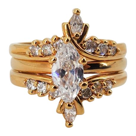 New in Box AVON Gold Tone Marquise Cut Solitaire Ring w/ Jacket Set, Sz 7