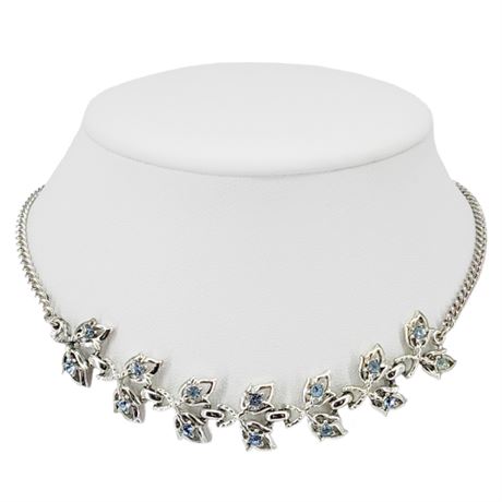Vintage Ice Blue Rhinestone Leaves Necklace