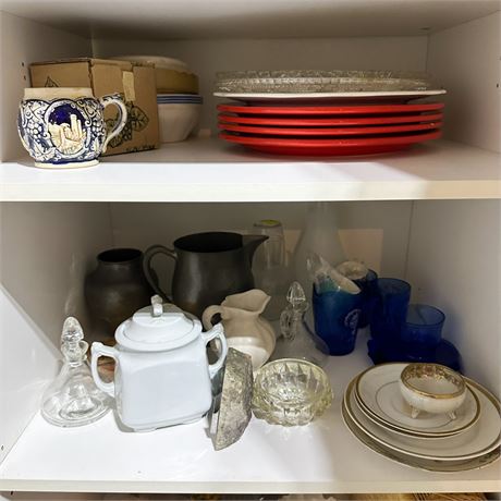 Shelf Lot of Assorted Glassware, China & Stoneware
