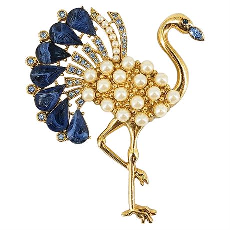 Vintage 1928 JEWELRY Large Rhinestone Faux Pearl Flamingo Brooch